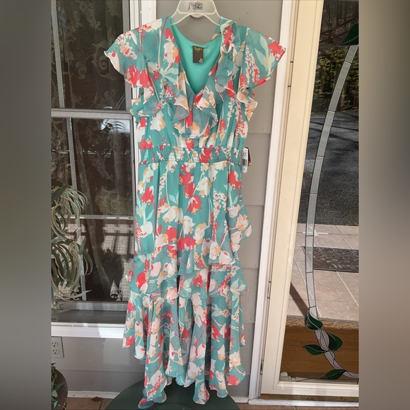 NWT Women's Short Sleeve Ruffle Floral Chiffon Fashion Dress Spring Tiffany - Picture 9 of 14